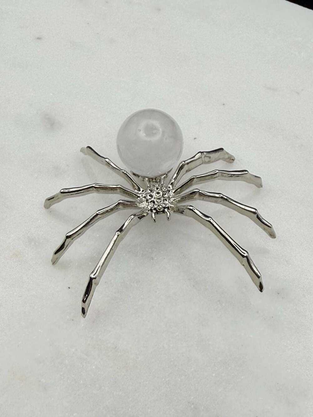 Clear Quartz Crystal Sphere Silver Metal Small Spider Figurine